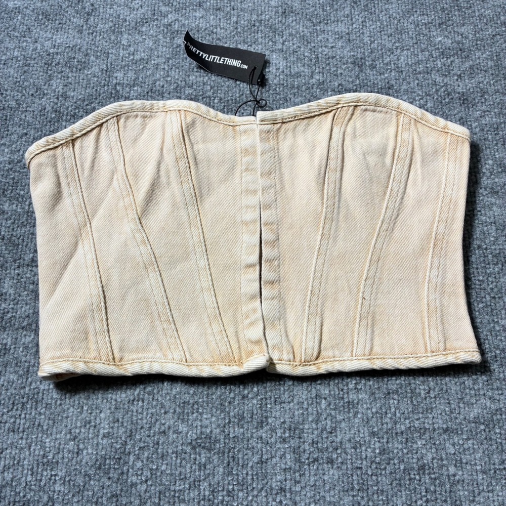 PrettyLittleThing Washed Stone Denim Hook And Eye Structured Corset Top Sz.8